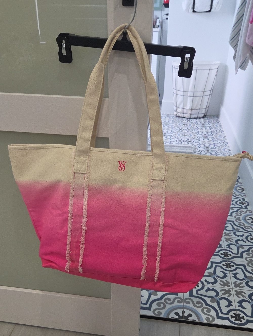 Victoria's Secret Pink and Cream Ombre Canvas Tote Bag